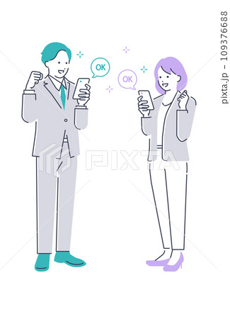 携帯を見て喜んでいるビジネスマンとビジネスウーマンの全身ベクターイラスト素材 109376688