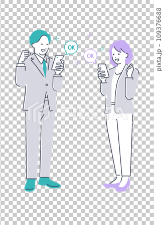Full body vector illustration material of a businessman and businesswoman who are happy looking at their mobile phones 109376688