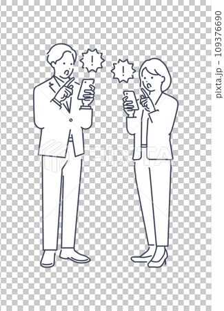 Full body vector illustration material of a surprised businessman and businesswoman looking at their cell phones 109376690