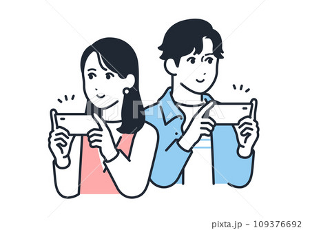 スマートフォンで動画コンテンツを視聴する若い男女のシンプルなベクターイラスト素材 109376692