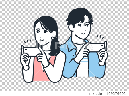 スマートフォンで動画コンテンツを視聴する若い男女のシンプルなベクターイラスト素材 109376692