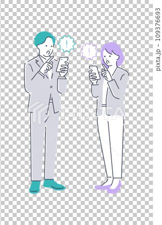 携帯を見て驚くビジネスマンとビジネスウーマンの全身ベクターイラスト素材 109376693