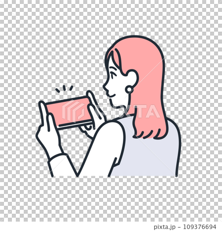 スマートフォンでゲームをするおしゃれな若い女性のシンプルなベクターイラスト素材 109376694