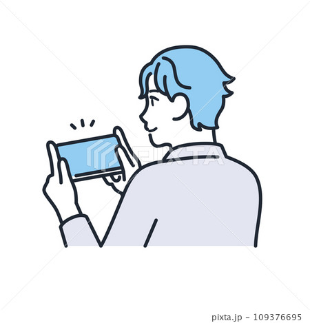 スマートフォンでゲームをするカジュアルな服装の若い男性のシンプルなベクターイラスト素材 109376695