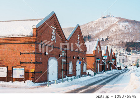 Kanemori Red Brick Warehouse with Snow in winter. landmark and popular for attractions in Hokkaido, Japan.Hakodate, Hokkaido, Japan, 7 February 2023 109376848