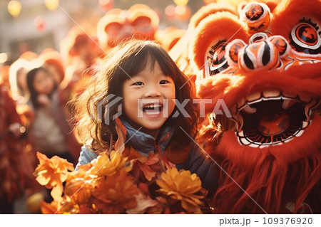 Group of happy asian children in traditional costume with dragon and lion dance . AI Generate Group of happy asian children in traditional costume with dragon and lion dance . AI Generate 109376920
