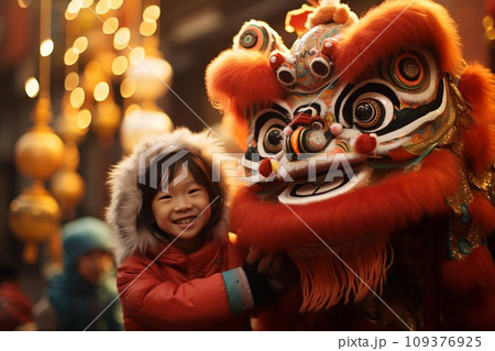 Group of happy asian children in traditional costume with dragon and lion dance . AI Generate 109376925