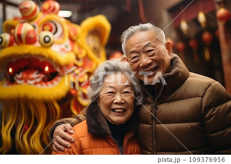 Happy asian senior couple celebrate chinese new year . AI Generate 109376956