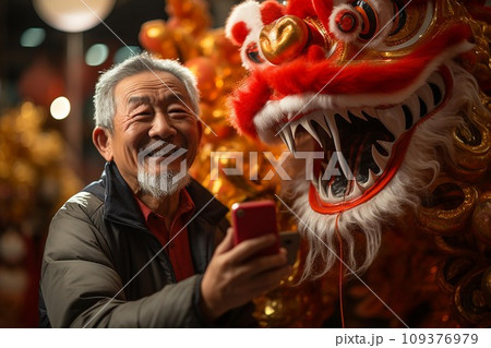 Portrait of senior man taking selfie with mobile phone in chinese temple . AI Generate 109376979