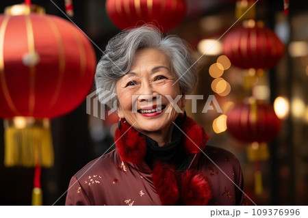 Happy old woman taking selfie with Chinese lanterns in a traditional street . AI Generate 109376996