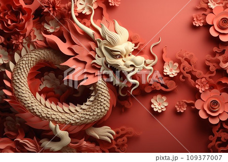 Chinese dragon paper cut style, 3d rendering  . AI Generate 109377007