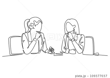 Continuous one line drawing two young happy beautiful business woman discussing project contract together during meeting. Business success concept. Single line draw design vector graphic illustration 109377037