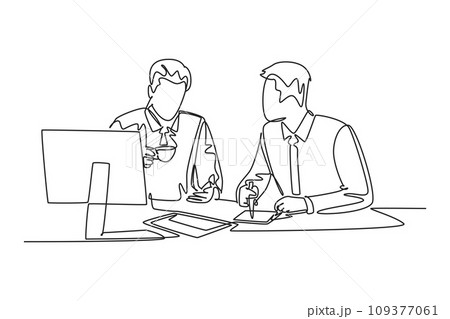 Single one line drawing two young men sitting over a cup of coffee and talking about work plans in the office. Success lifestyle concept. Modern continuous line draw design graphic vector illustration Single one line drawing two young men sitting over a cup of coffee and talking about work plans in the office. Success lifestyle concept. Modern continuous line draw design graphic vector illustration 109377061