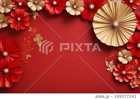Paper art of Chinese New Year with red paper flowers on red background .AI Generate 109377241