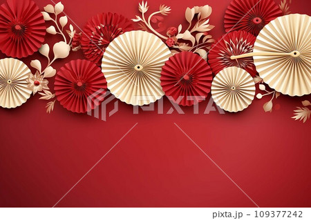 Paper art of Chinese New Year with red paper flowers on red background .AI Generate 109377242