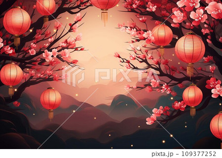 Chinese New Year background with lanterns and cherry blossom .AI Generate 109377252
