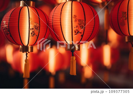 Chinese New Year background with hanging paper lanterns ,AI Generate Chinese New Year background with hanging paper lanterns ,AI Generate 109377305