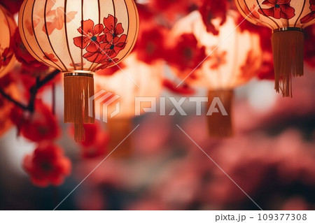Chinese New Year background with hanging paper lanterns ,AI Generate Chinese New Year background with hanging paper lanterns ,AI Generate 109377308