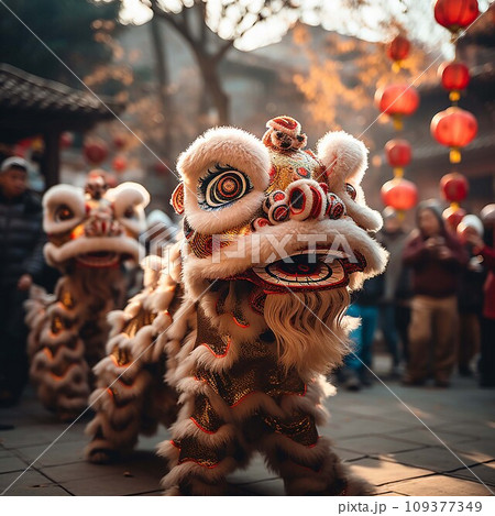 Lion dance at chinese lunar new year festival in China. .AI Generate Lion dance at chinese lunar new year festival in China. .AI Generate 109377349