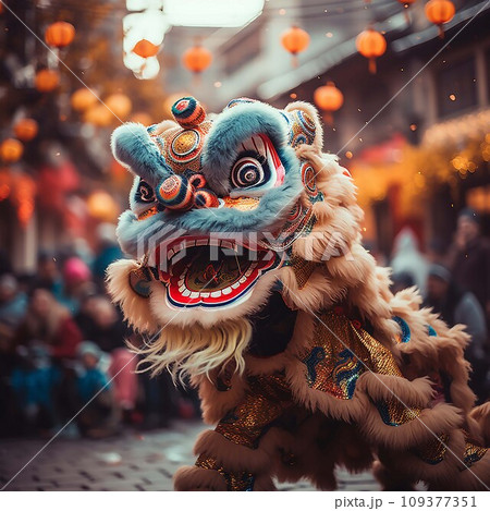 Lion dance at chinese lunar new year festival in China. .AI Generate Lion dance at chinese lunar new year festival in China. .AI Generate 109377351