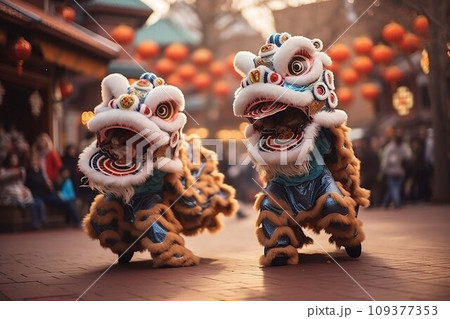 Lion dance at chinese lunar new year festival in China. .AI Generate 109377353