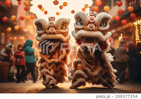 Lion dance at chinese lunar new year festival in China. .AI Generate 109377354