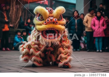 Lion dance at chinese lunar new year festival in China. .AI Generate Lion dance at chinese lunar new year festival in China. .AI Generate 109377368