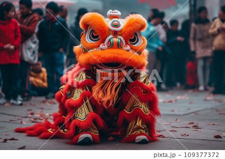 Lion dance at chinese lunar new year festival in China. .AI Generate Lion dance at chinese lunar new year festival in China. .AI Generate 109377372