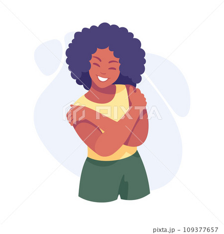 African American Woman Character Hug Herself Taking Care and Show Importance of Oneself Vector Illustration 109377657