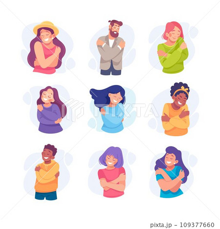People Hug Themselves Taking Care and Show Importance of Oneself Vector Set People Hug Themselves Taking Care and Show Importance of Oneself Vector Set 109377660