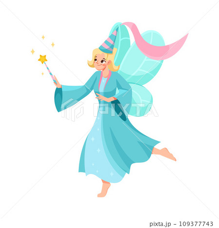 Girl Fairy Godmother with Wings and Magic Wand Flying as Good Fairytale Character Vector Illustration 109377743