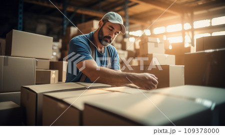 A man packing box preparing it for shipment. Online marketing, Packing box, SME sellers Concept. Generative Ai. 109378000