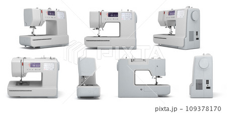 set of new white sewing machine 3d render on white 109378170