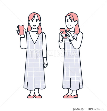 スマートフォンを持つおしゃれな若い女性のシンプルなベクターイラストセット素材 スマートフォンを持つおしゃれな若い女性のシンプルなベクターイラストセット素材 109378290
