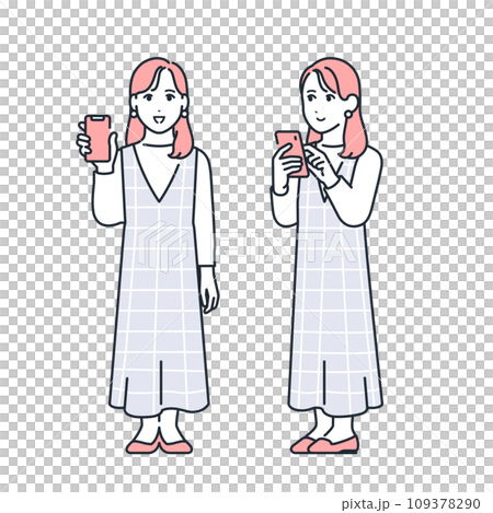 スマートフォンを持つおしゃれな若い女性のシンプルなベクターイラストセット素材 スマートフォンを持つおしゃれな若い女性のシンプルなベクターイラストセット素材 109378290