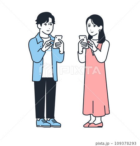 スマートフォンを操作する若い男女のシンプルなベクターイラストセット素材 109378293