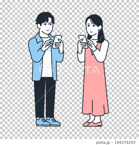 スマートフォンを操作する若い男女のシンプルなベクターイラストセット素材 109378293