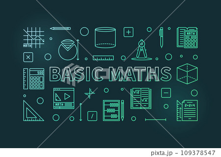 Basic Maths concept vector thin line horizontal colored banner. Math illustration Basic Maths concept vector thin line horizontal colored banner. Math illustration 109378547