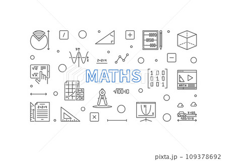 Maths vector concept outline horizontal banner. Mathematics illustration Maths vector concept outline horizontal banner. Mathematics illustration 109378692