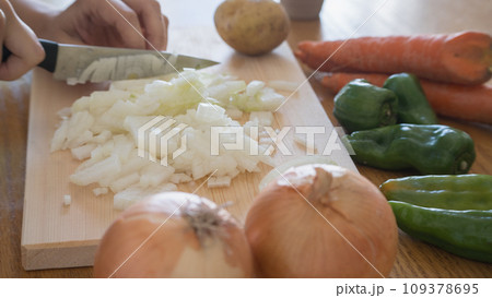 玉ねぎをみじん切りにする 109378695