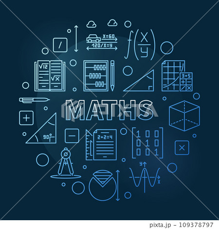 Maths concept vector thin line round blue banner. Math illustration Maths concept vector thin line round blue banner. Math illustration 109378797