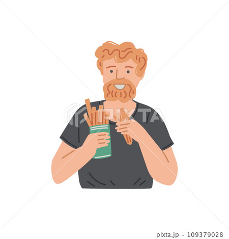 Man is having a snack, vector person eating fast food, french fries, sticks, worker or employee having unhealthy meal 109379028