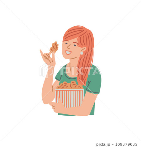 Woman is having a snack, cartoon person eating fast food, nuggets, fried chicken, sticks, vector bad nutrition character Woman is having a snack, cartoon person eating fast food, nuggets, fried chicken, sticks, vector bad nutrition character 109379035