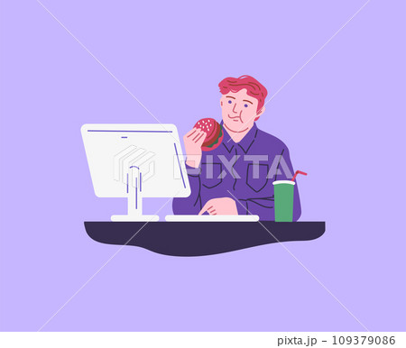 Man eating burger at the computer, cartoon flat vector illustration. 109379086