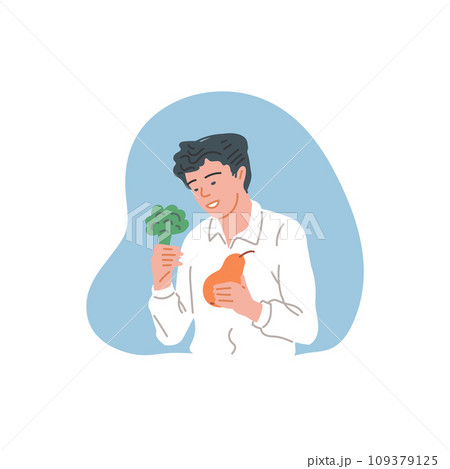 Man holding broccoli and pear in hands. 109379125