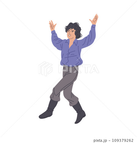 Gypsy man with black long hair dancing and singing, vector Romany performance flamenco folk, Gypsies ethnic tradition 109379262