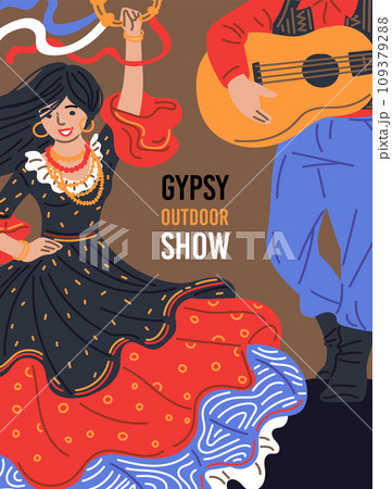 Gypsies ensemble performance flamenco folk, vector Gypsy outdoor show poster, Romani ethnic traditions Gypsies ensemble performance flamenco folk, vector Gypsy outdoor show poster, Romani ethnic traditions 109379288
