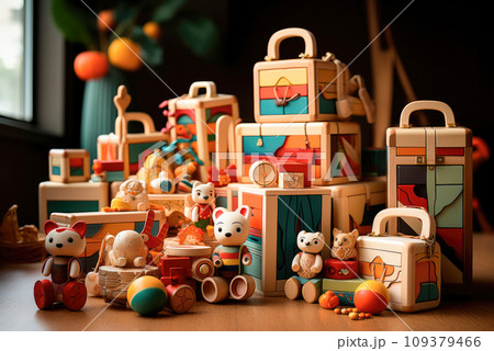 Variety of wooden toys in the children's room 109379466