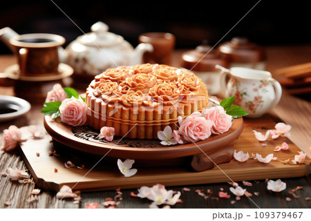 Chinese moon cookies for the mid-autumn holiday on the table 109379467
