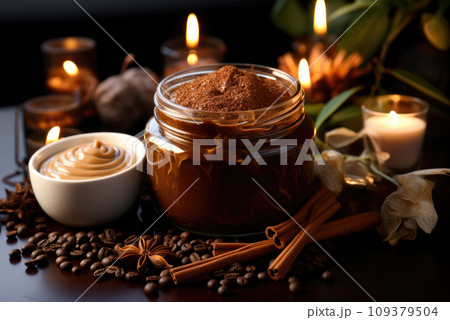 Sugar coffee scrub for spa treatments in a glass jar 109379504